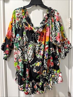 Lauren Ralph Lauren Black Multicolor Floral Paisley Off-Shoulder Blouse